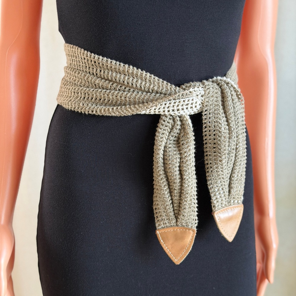 Taupe Crochet Mesh Tie Sash Belt Tan Faux Leather Tips Wide Boho Wrap Earthy